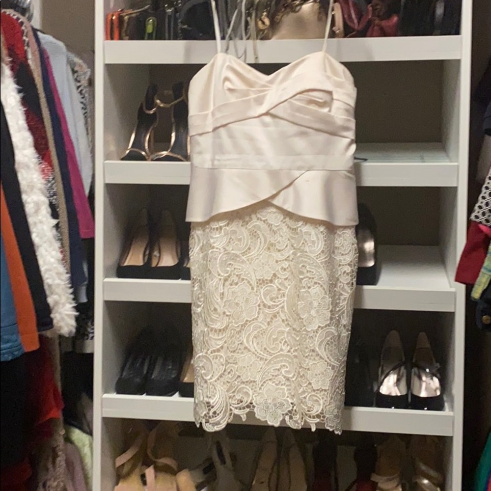Strapless formal dress peplum top lace bottom